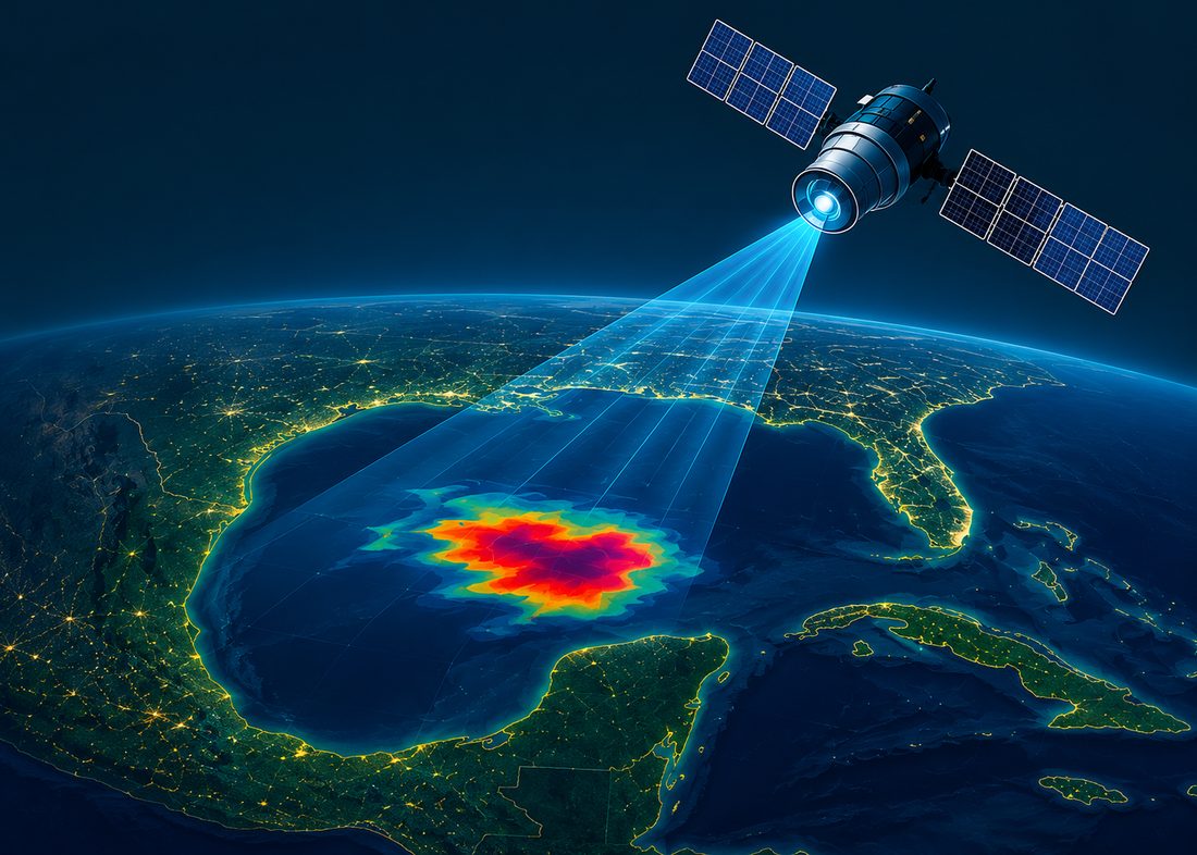 Monitoreo satelital sobre el Golfo de México, con una zona detectada resaltada